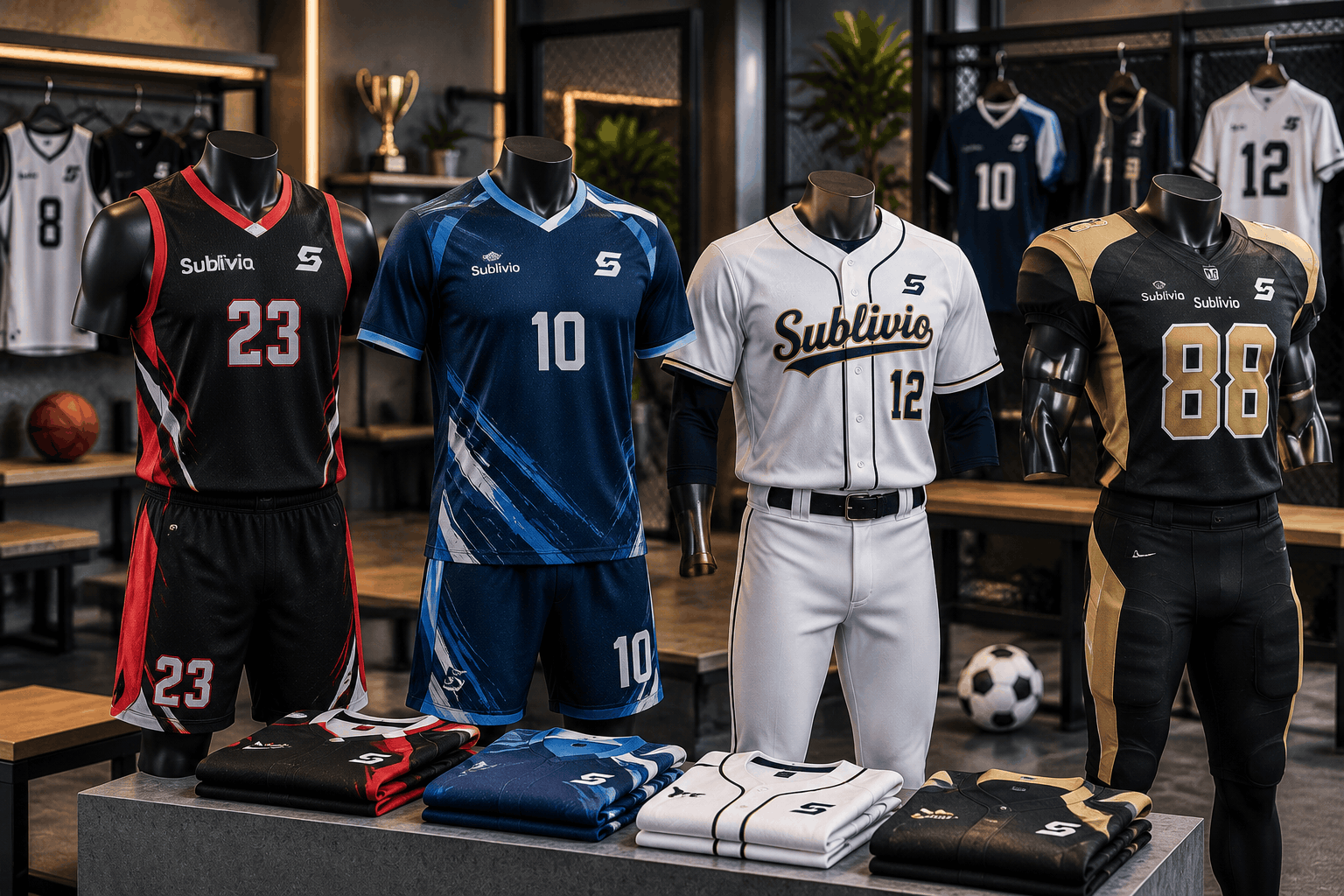 Custom team uniforms displayed front and back.