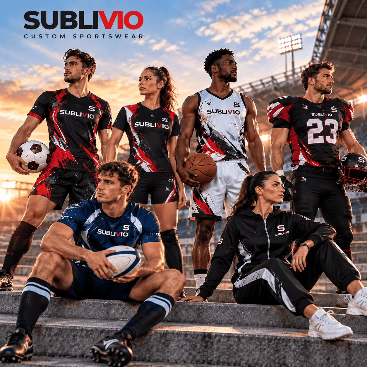 Custom sportswear jerseys and uniforms designed for teams and brands.